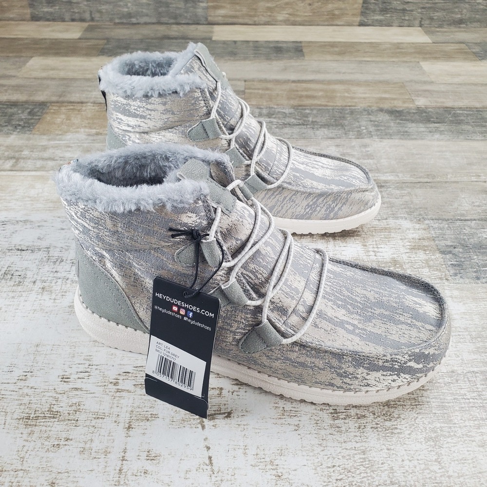 Hey Dude Womens Lea Ankle Boots Sz 7 Fur Gray Slip On Booties Casual